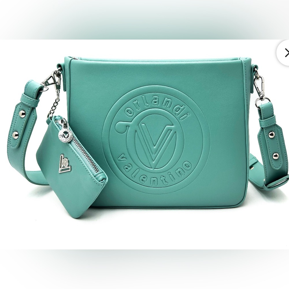 New Valentino Orlandi Teal Medium Crossbody Handbag with Matching Coin Purse